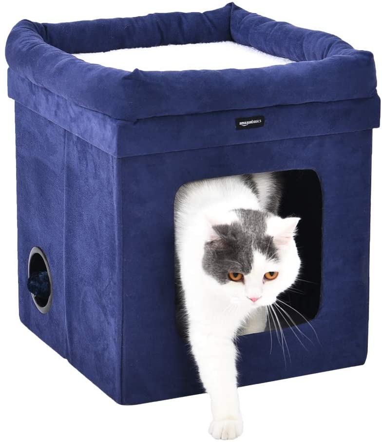 Photo 1 of AmazonBasics Collapsible Cube Cat Bed - 15 x 15 x 17 Inches, Blue
