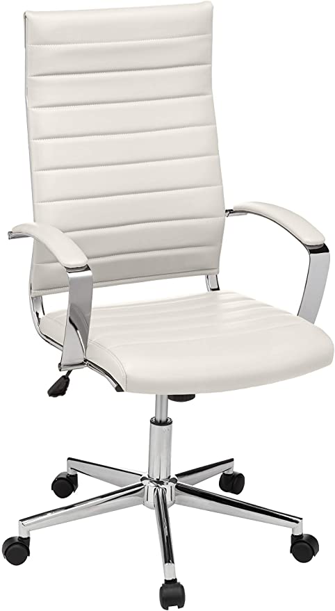 Photo 1 of Amazon Basics High-Back Executive Swivel Office Desk Chair with Ribbed Puresoft Upholstery - White, Lumbar Support, Modern Style
