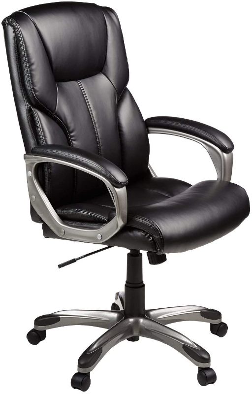 Photo 1 of Amazon Basics Executive Home Office Desk Chair with Padded Armrests, Adjustable-Height/Tilt Rolling Swivel Chair - Black/Silver, 275Lb Capacity
