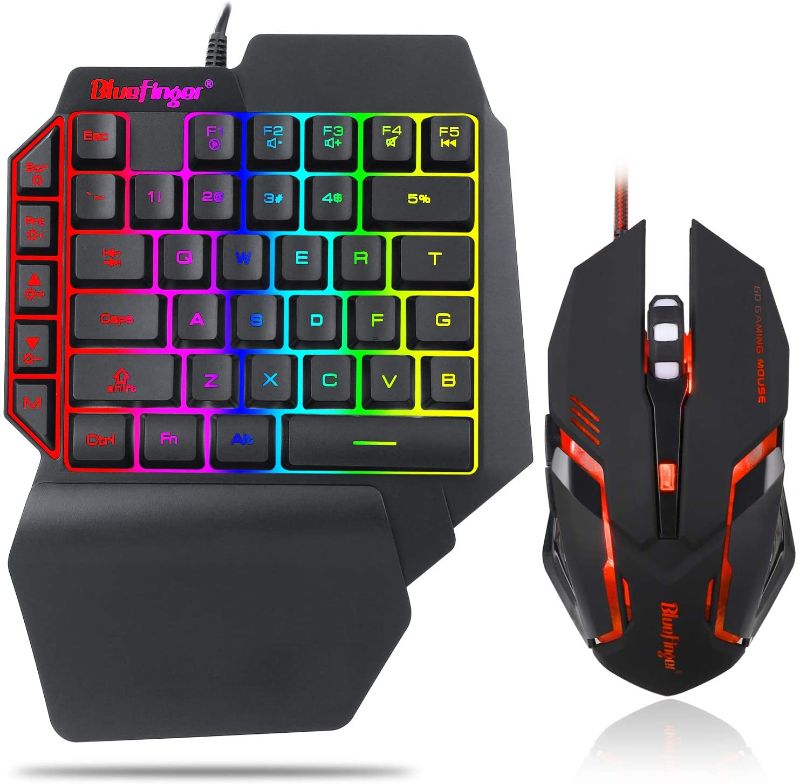 Photo 1 of `One Hand RGB Gaming Keyboard and Backlit Mouse Combo,USB Wired Rainbow Letters Glow Single Hand Mechanical Feeling Keyboard with Wrist Rest Support, Gaming Keyboard Set for Game
