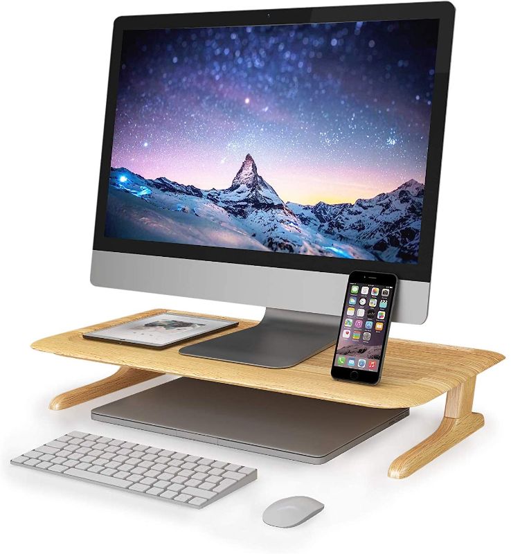 Photo 1 of FurniArt Height Adjustable Wooden Desk Monitor Stand Riser with Storage for MacBook,iMac,Chromebook,Office Computer Solid Wood (Low Gloss)
