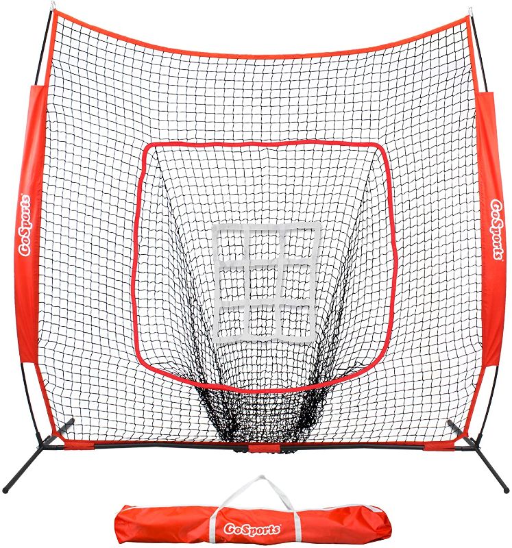 Photo 1 of GoSports 7'x7' Baseball & Softball Practice Hitting & Pitching Net with Bow Frame, Carry Bag and Bonus Strike Zone, Great for All Skill Levels
