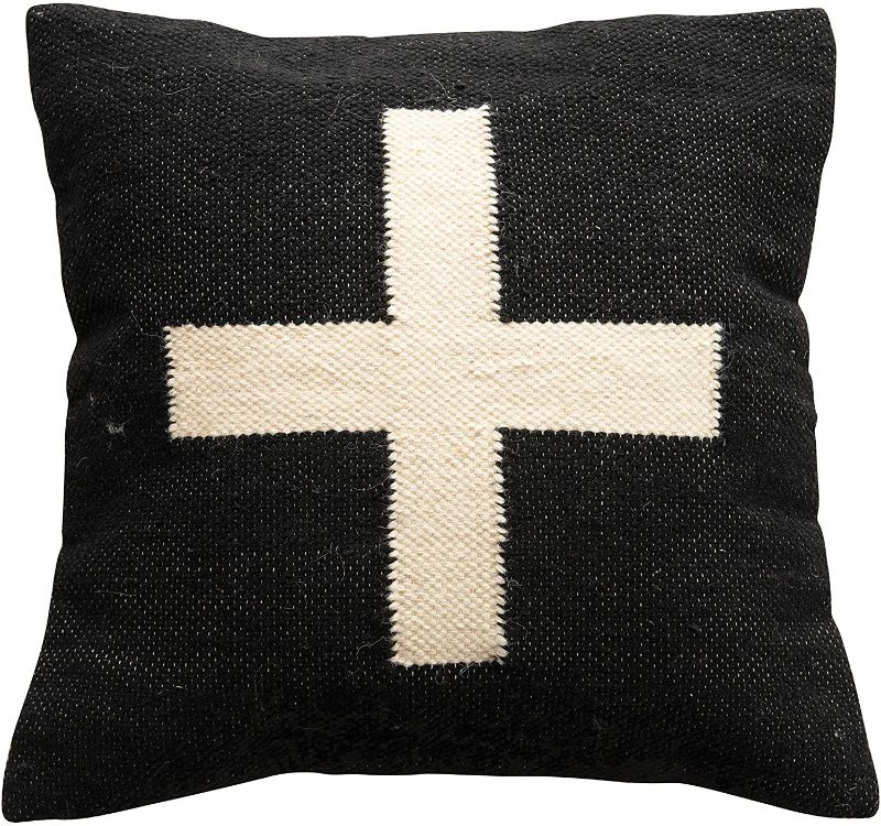 Photo 1 of Creative Co-Op Wool Blend Swiss Cross, Black & Cream Color Pillow, 1 Count (Pack of 1)
