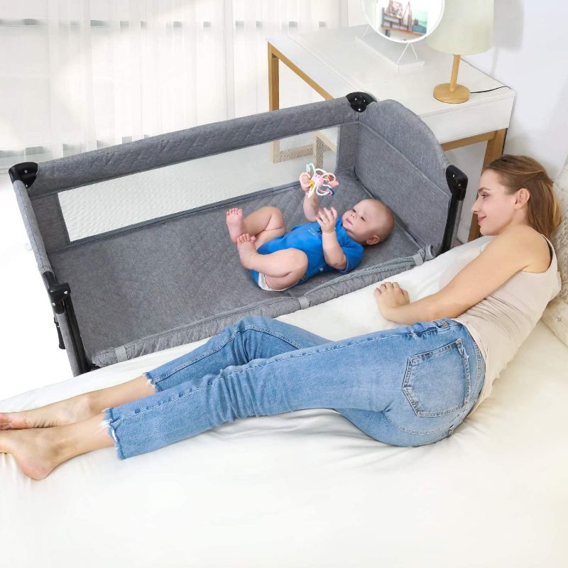 Photo 1 of ANGELBLISS 4 in 1 Baby Bassinet Beside Sleeper, Full-Size Crib with Washable Sheets, Playards Easy Folding, Playpen Include Thicken Mattress, Diaper Changer, Storage Basket for Babies (Grey)
