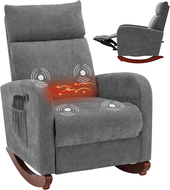 Photo 1 of AVAWING Electric Massage Recliner Chair, Chair with Heat Function USB Ports, Rocker Recliner Fabric Padded Seat Wood Base, Modern High Back Armchair with Footrest Remote Control for Home