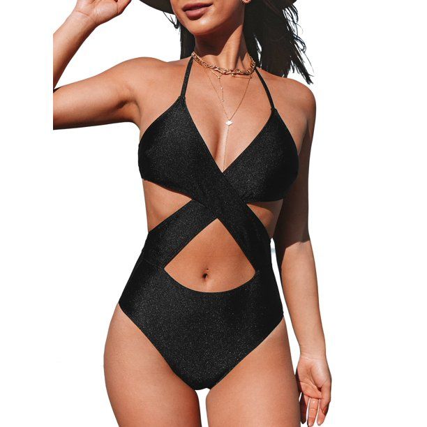 Photo 1 of CUPSHE Women's Black One Piece Swimsuit V Neck Halter Cutout Bathing Suit, S