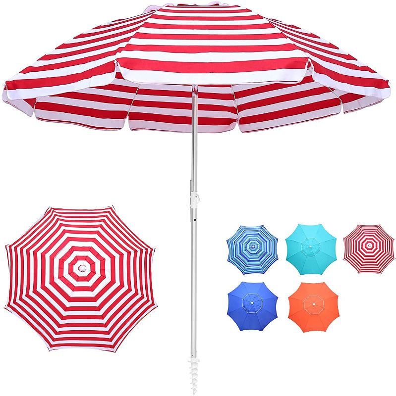 Photo 1 of Fokebel 6.5FT Beach Umbrella with Sand Anchor, Push Button Tilt & Carry Bag Outdoor Portable Sunshade Umbrella UV50+ for Beach Patio Garden,Red White Stripe
