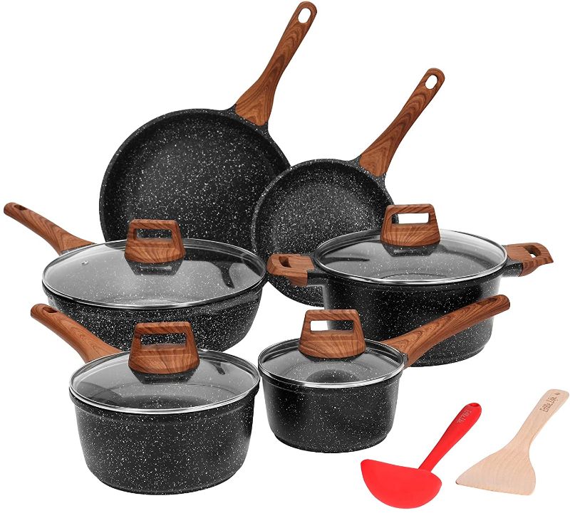 Photo 1 of ESLITE LIFE Pots and Pans Set Nonstick Induction Cookware Set Granite Coating with Frying Pan,Saute Pan, Sauce Pan,Stock Pot,Spatula and Ladle,12 Piece,Black
