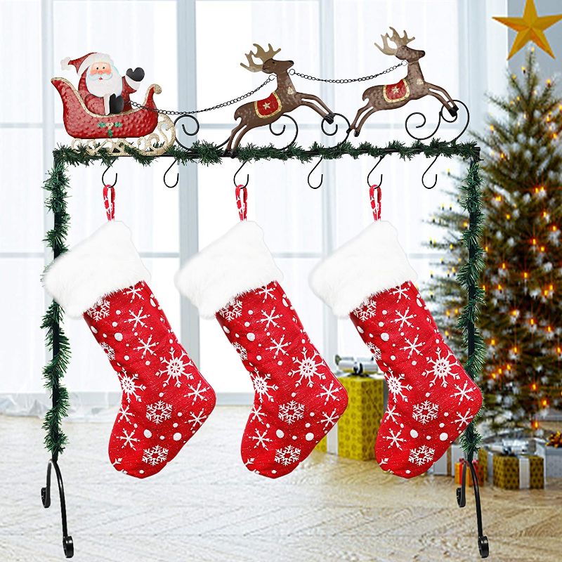 Photo 1 of Juegoal Deluxe Metal Stand Christmas Stocking Holder, Standing Christmas Stocking Hangers, Santa Claus and Reindeers X-mas Stockings Hanger in Black Color
