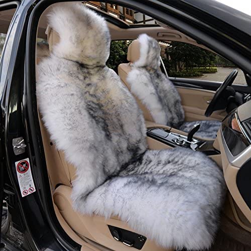 Photo 1 of IMQOQ A Pair Genuine Sheepskin Car Seat Covers Luxury Fur Long Wool Car 2 Front Seat Covers Set Winter Warm Universal White Grey
