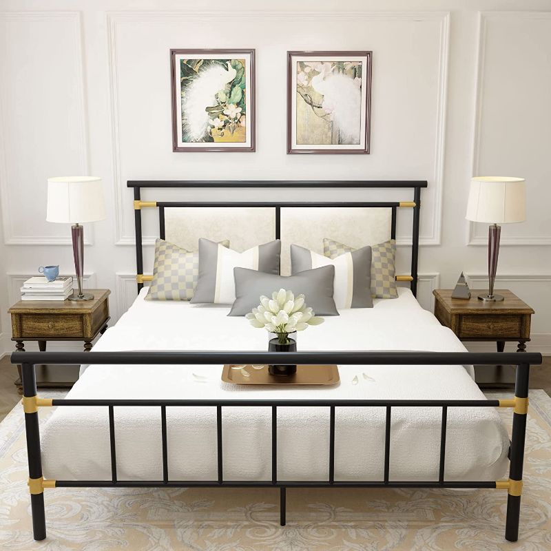 Photo 1 of AWQM Metal Bed Frame Queen Size with Upholstered Headboard and Footboard, No Box Spring Needed Platform Bed, Mattress Foundation, Heavy Duty Steel Slat Support, 10" Under-Bed Storage, Modern Style
