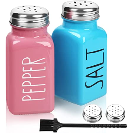 Photo 1 of 2 Pack Salt and Pepper Shakers Set, Glass Salt Shaker with Stainless Steel Lid, Modern and Cute Farmhouse Salt and Pepper Set (Pink and Blue)
