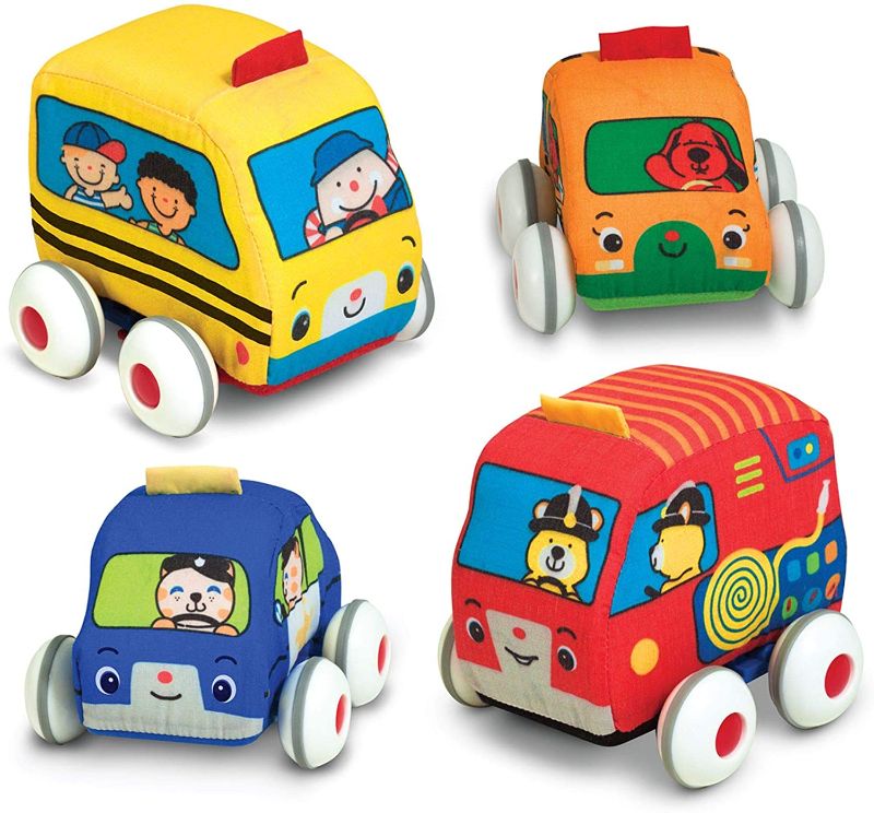 Photo 1 of Melissa & Doug K's Kids Pull-Back Vehicle Set - Soft Baby Toy Set With 4 Cars and Trucks and Carrying Case
