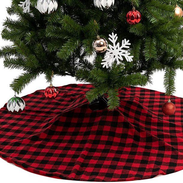 Photo 1 of Buffalo Plaid Christmas Tree Skirt 36 in,Red Black Buffalo Check Christmas Tree Skirt for Holiday Christmas Decorations
