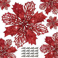 Photo 1 of Artificial Glitter Poinsettias and DIY Clips for Decorations, Ornaments and Christmas Wreaths for Decorating Christmas Trees and Making Floral Decorations on Holidays, Home or Party, 12 Pack
