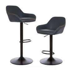 Photo 1 of 42.72 in. Navy Blue Mid-Century Modern Vintage Leatherette Gaslift Adjustable Swivel Bar Stool (Set of 2)
