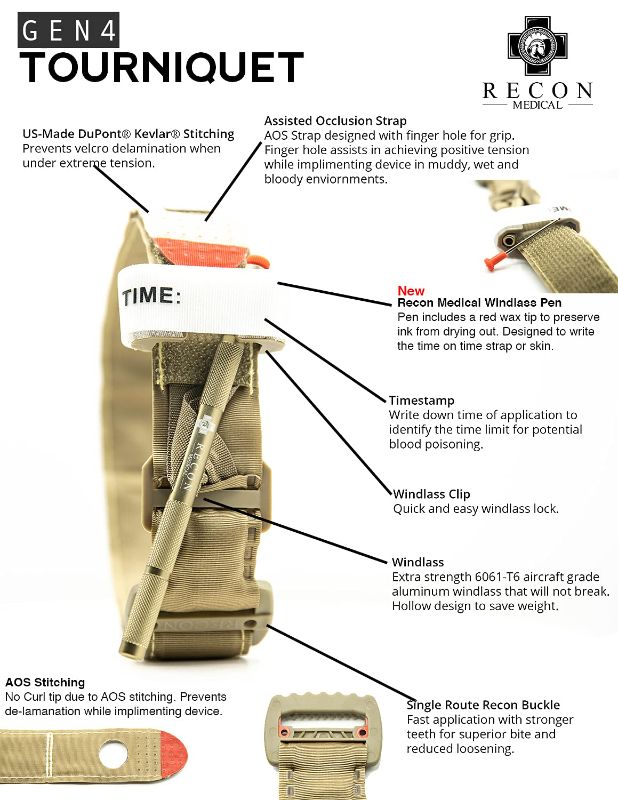 Photo 1 of Recon Medical Tourniquet (TAN) GEN 4 - Mil-Spec Kevlar Metal Windlass Aluminum First Aid Tactical Swat Medic Pre-Hospital Life Saving Hemorrhage Control Registration Card 