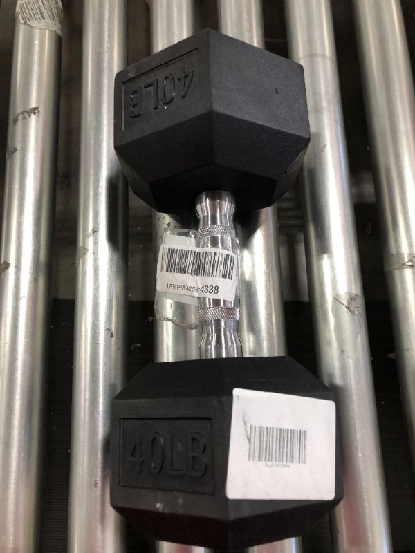 Photo 2 of  40-lb Hex Rubber Coated Dumbbell Single - Black/Silver
