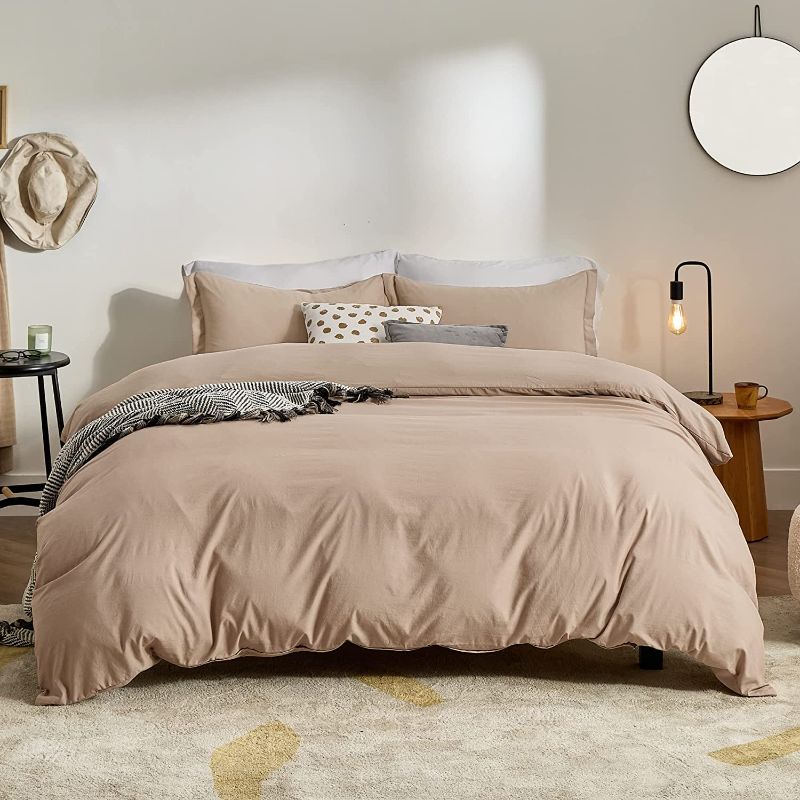 Photo 1 of Bedsure Khaki Duvet Covers Queen Size - Washed Duvet Cover, Soft Queen Duvet Cover Set 3 Pieces with Zipper Closure, 1 Duvet Cover 90x90 inches and 2 Pillow Shams
