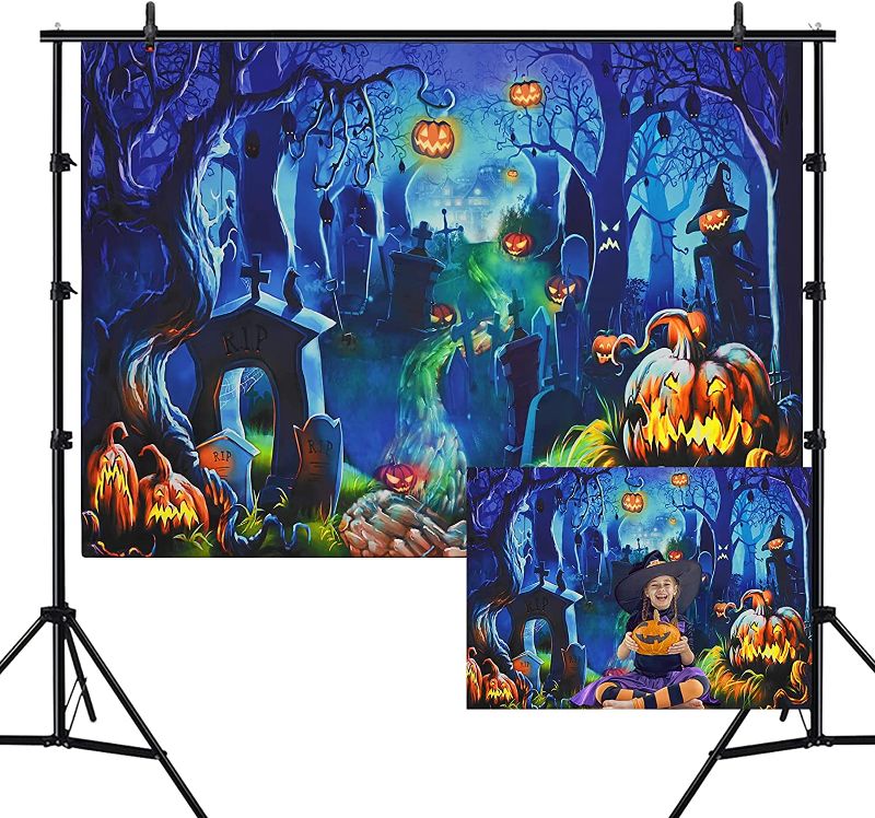 Photo 1 of WENMER 5x7ft Halloween Backdrop Halloween Theme Photo Background Pumpkin Raven Graveyard Backdrops Horror Night Castle Tree Forest Backdrops for Photography Children Kids Halloween Party Decorations
