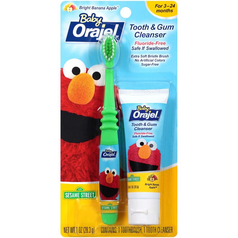 Photo 1 of 3 PACK!!! Orajel Elmo Fluoride-Free Tooth & Gum Cleanser 1.0 oz. with Toothbrush, Banana Apple, 1 oz.
