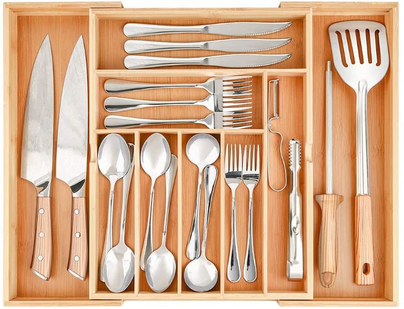 Photo 1 of Bamboo Expandable Drawer Organizer, NEDNEYy Cutlery and Utensil Tray, Desk Drawer Organizer Silverware Holder Kitchen Knives Tray Drawer Organizer, 100% Pure Bamboo Cutlery in Natural Color
