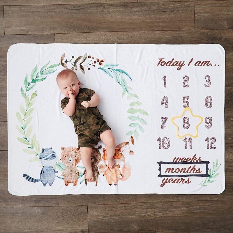 Photo 1 of Gamjen Baby Milestone Blanket - Woodland Creatures - Fleece - Photography Backdrop - Gender Neutral - Baby Registry Gift - Stickers Included - 60x40