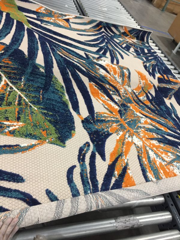 Photo 2 of  Blue & Orange Tropical Leaves Parkside Indoor/Outdoor Rug 5 x 7ft
