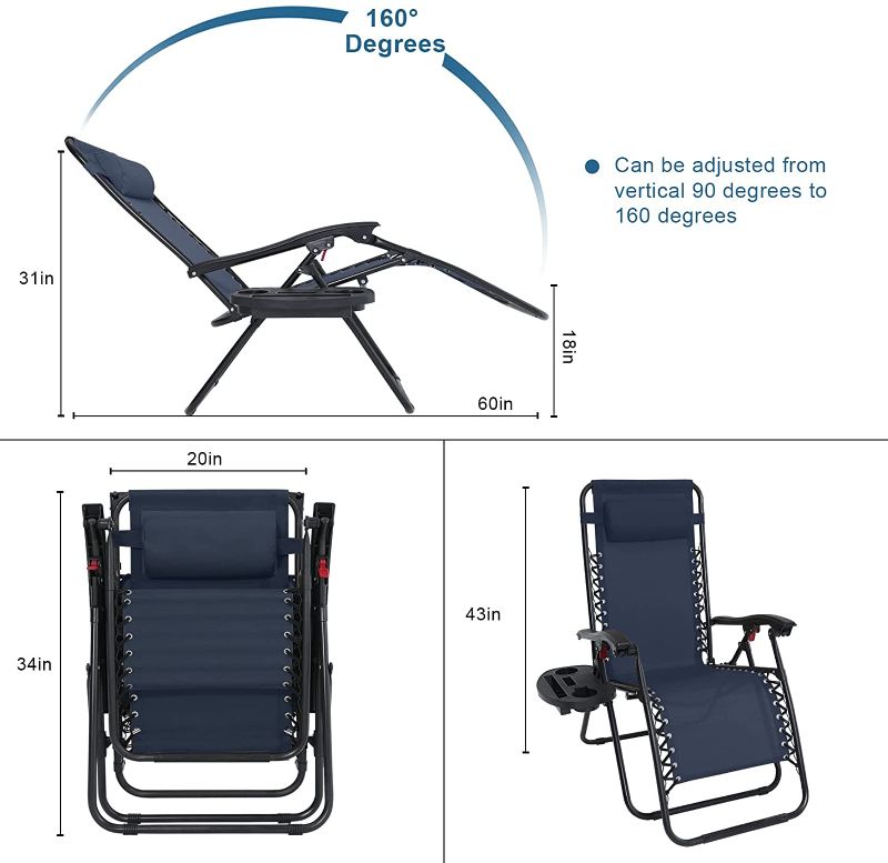 Photo 2 of ABCCANOPY Zero Gravity Adjustable Reclining Patio Chair Lounge Chair with Removable Pillow and Cup Holder Tray 2-Pack, (Navy Blue)
