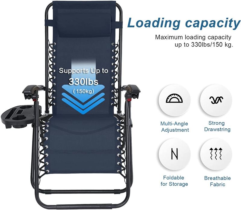 Photo 1 of ABCCANOPY Zero Gravity Adjustable Reclining Patio Chair Lounge Chair with Removable Pillow and Cup Holder Tray 2-Pack, (Navy Blue)
