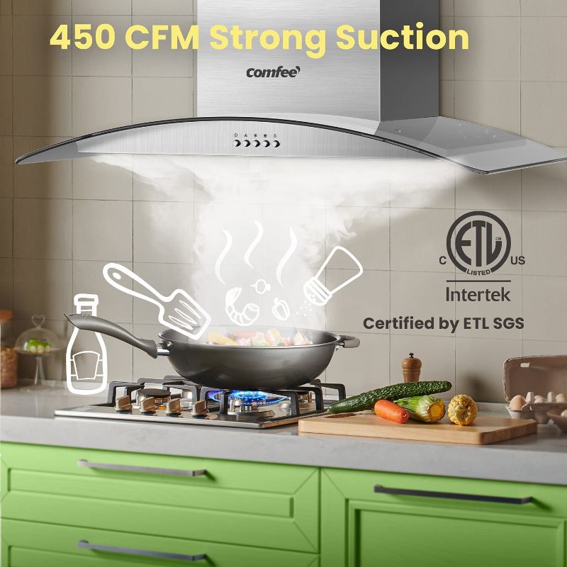 Photo 2 of Comfee CVG30W8AST 30 Inches Ducted Wall Mount Vent Range Hood with 450 CFM 3 Speed Exhaust Fan, Baffle Filters, Curved Glass, 2 LED Lights, Convertible to Ductless, Stainless Steel
