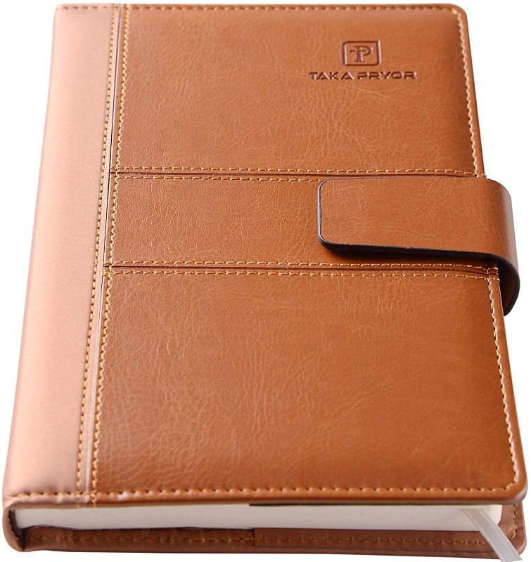 Photo 1 of TAKA PRYOR Thick Ruled Journal/Refillable Faux Leather Lined Hardcover Executive Notebooks ?Pen Holder?Medium 5.7 x 8.5 inches ?100 GSM Thick Paper 300 Pages(Brown)
