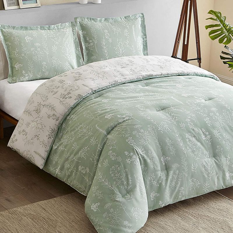 Photo 1 of Bedsure King Bed Comforter Set - Reversible Floral Sage Green White Bedding Comforter Set, 3 Pieces Flowers Plants All Season Bed Set with 2 Pillow Shams
