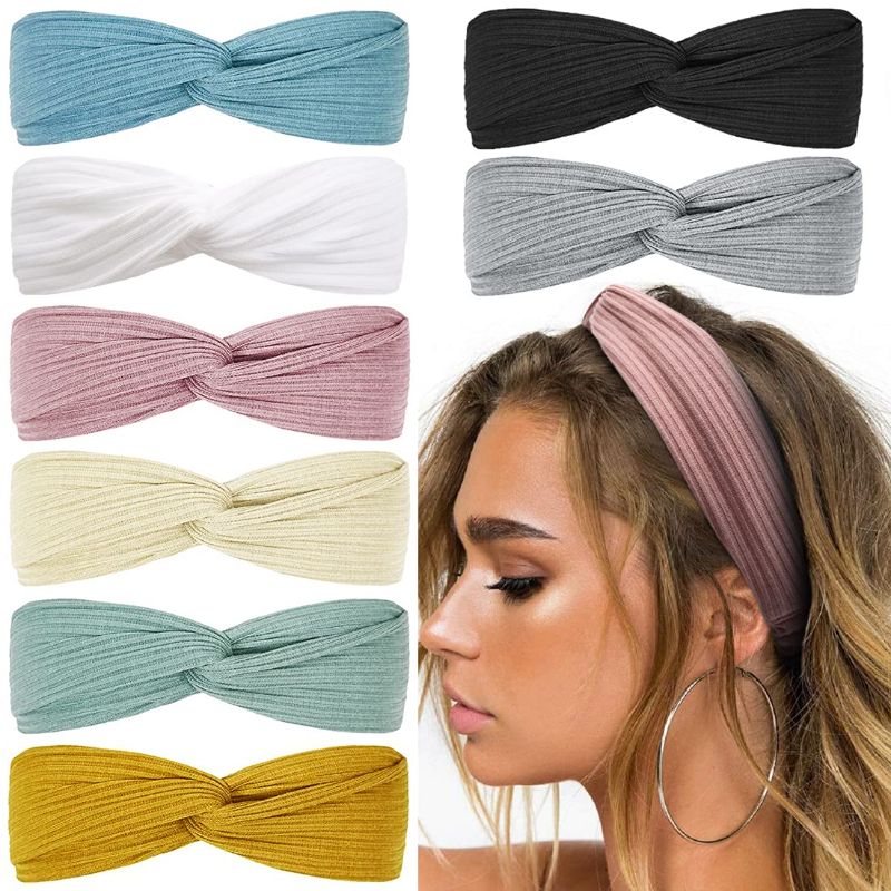 Photo 1 of Huachi Boho Headbands for Women Non Slip Twist Hair Bands for Short Hair Fashion Summer Hair Accessories, Solid Color, 8Pcs
