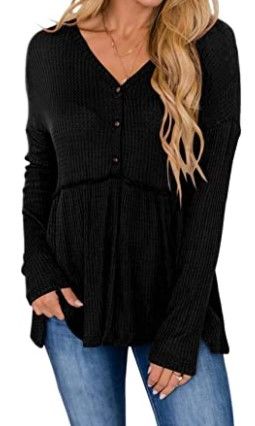 Photo 1 of PINKMSTYLE Women's Long Sleeve V Neck Tops Button Up Ruffle Babydoll Tunic Tops Waffle Peplum Blouse Shirts
LARGE 