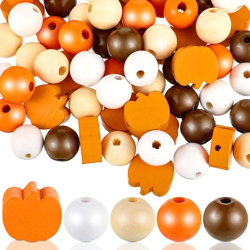 Photo 1 of 125 Pieces Thanksgiving Wood Beads Round Loose Craft Rustic Farmhouse Beads Fall Colorful Wooden Spacer Beads Sunflower Pumpkin Plaid Wood Beads for Home Decoration (Pumpkin Style)
