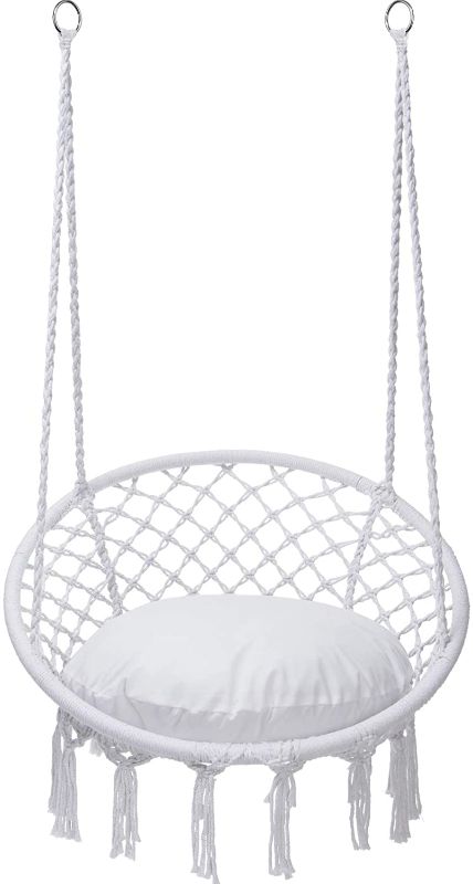 Photo 1 of Y- STOP Hammock Chair Macrame Swing, Hanging Cotton Rope Swing Chair with Cushion and Hardware Kits, Max 330 Lbs, Hanging Chairs for Indoor and Outdoor Use (White)
