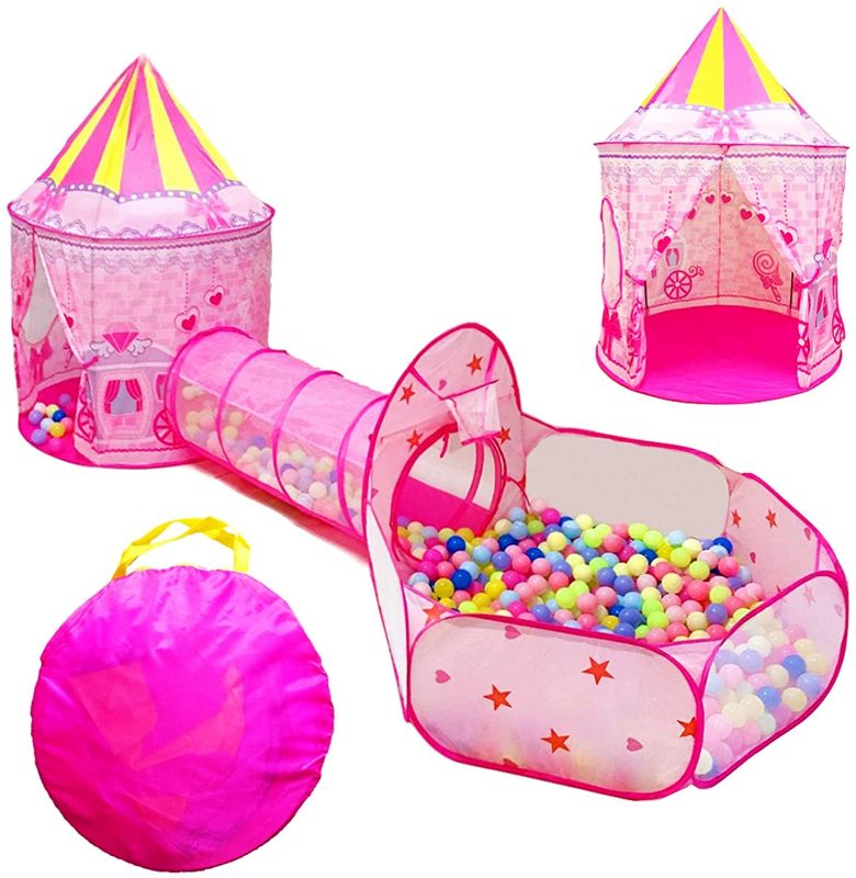 Photo 1 of 3 Piece Girls Princess Fairy Tale Castle Play Tent, Crawl Tunnel & Ball Pit with Basketball Hoop for Kids Toddlers, Indoor & Outdoor Playhouse
