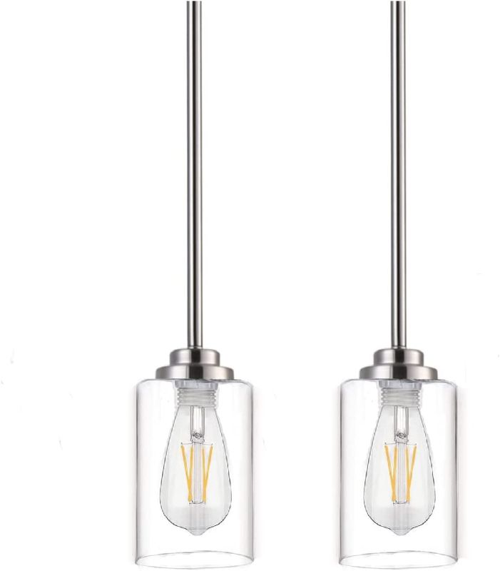 Photo 1 of 1-Light Indoor Pendant Light Fixtures, 2-Pack Adjustable Height Modern Mini Pendant Lighting for Kitchen Island, APSEKOKA Brushed Nickel Pendant Lights Hanging Lamp with Clear Glass Shades