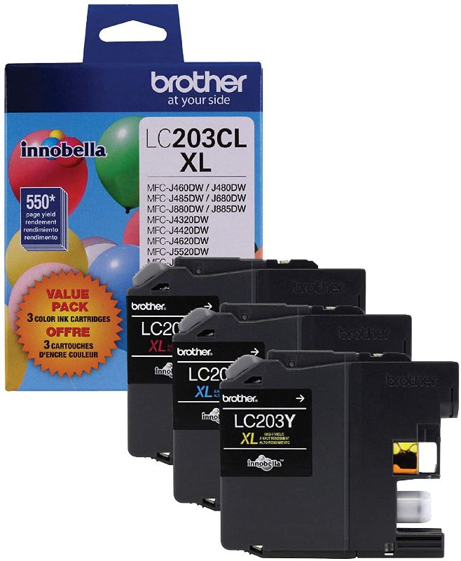 Photo 1 of Brother Genuine High Yield Color Ink Cartridge, LC2033PKS, Replacement Color Ink Three Pack, Includes 1 Cartridge Each of Cyan, Magenta & Yellow, Page Yield Up To 550 Pages, Amazon Dash Replenishment Cartridge, LC203