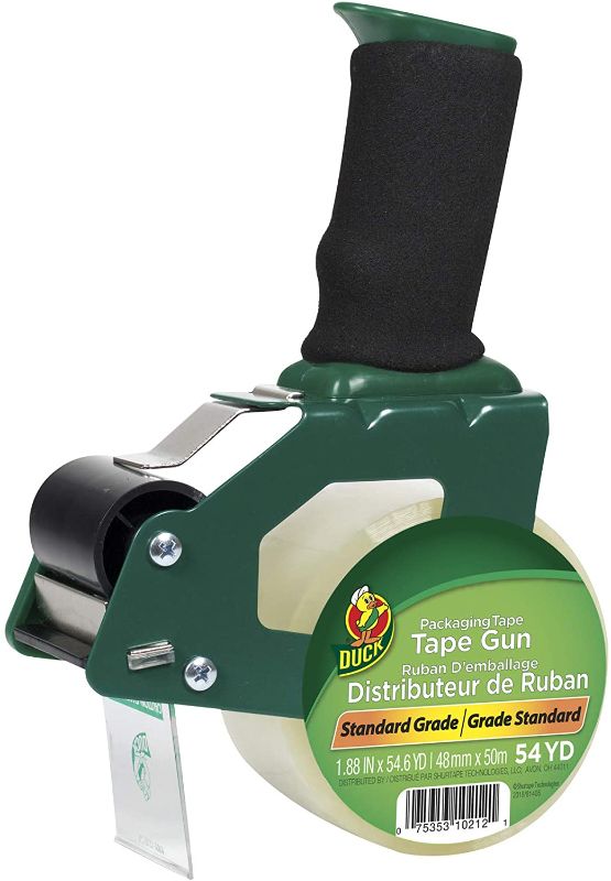 Photo 1 of Duck Brand Standard Tape Gun with Foam Handle, Includes 1 Roll of 54 Yard Standard Tape (669332), Green/Black