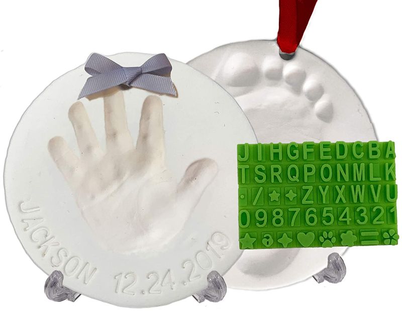 Photo 1 of Baby Handprint Footprint Keepsake Ornament Kit (Makes 2) - Bonus Stencil for Personalized Christmas, Newborn, New Mom & Shower Gifts. 2 Easels! Non-Toxic Clay, Air-Dries Light & Soft