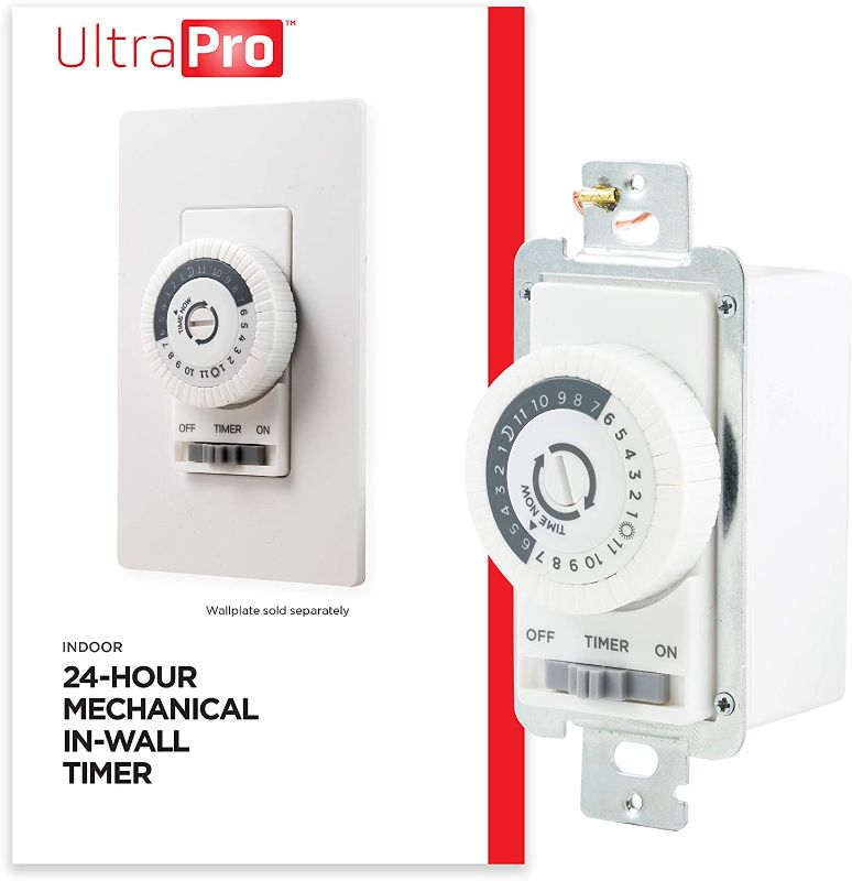 Photo 1 of 24-Hour Mechanical in-Wall, Dial Timer, 30-Minute Intervals, Push Pins, Neutral Wire Required, Override Switch, Single-Pole, Ideal for Lights, LED, CFL, 41092, White.