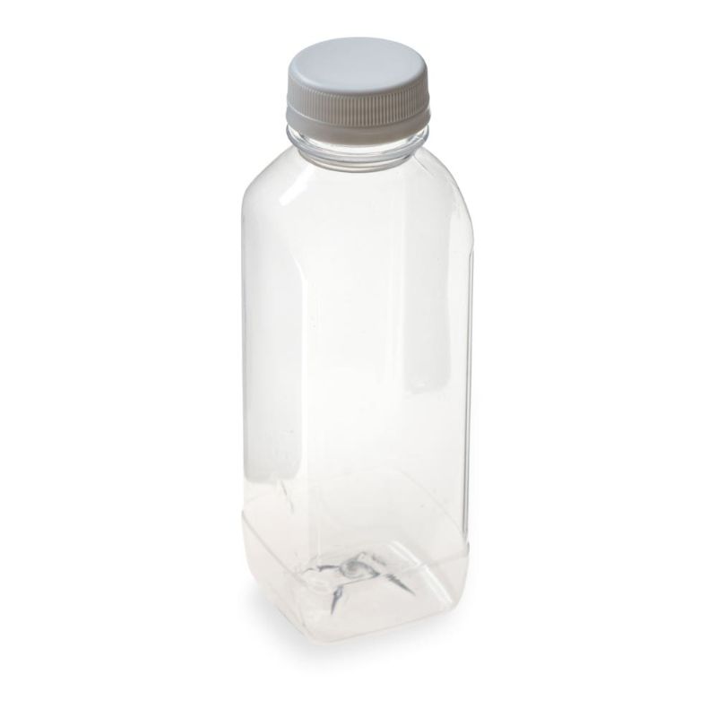 Photo 1 of 16 oz Square Clear Plastic Cold Pressed Juice Bottle - with Safety Cap, BPA-Free - 2 1/4" x 2 1/4" x 7" - 100 count box
