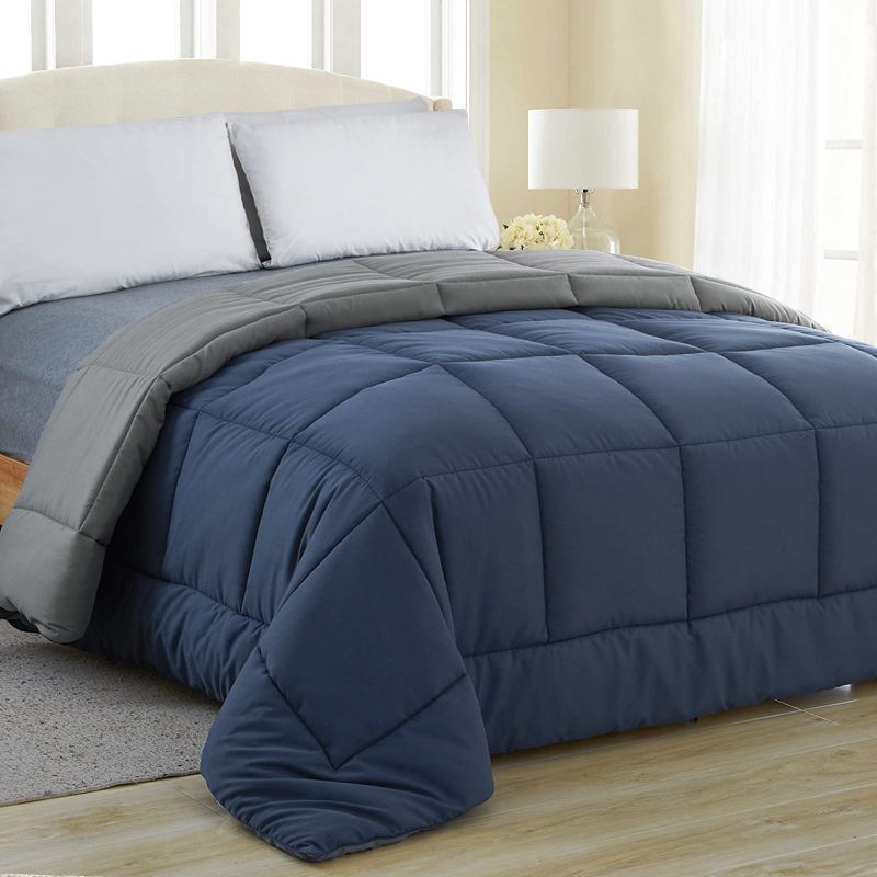 Photo 1 of Navy Blue/Charcoal Grey Quilted Comforter - Reversible Duvet Insert Set - Machine Washable - Plush Microfiber Fill (350 GSM) (Queen 88 x 88 Inches)
