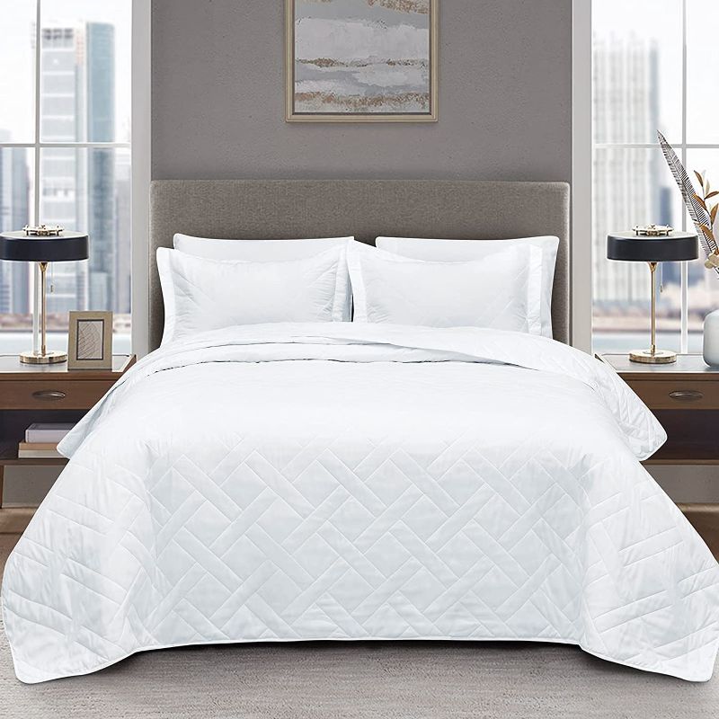 Photo 1 of CozyLux 3 Pieces White Quilt Sets Queen/Full Size (90x96 inches) - Lightweight Soft Bedspread - Classic Squares Pattern Coverlet Bedding Set for All Season - 1 Quilt and 2 Pillow Shams
