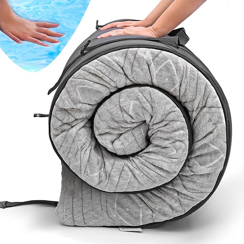 Photo 1 of Zermätte Roll Up Travel Mattress | Portable Foldable 3” Gel Infused Memory Foam Sleeping Pad, Camping Floor Mat & Bed Topper w/ Waterproof Cover, Carry Bag, Ear Plugs, Mask | Kids, Cot, Single or Twin
