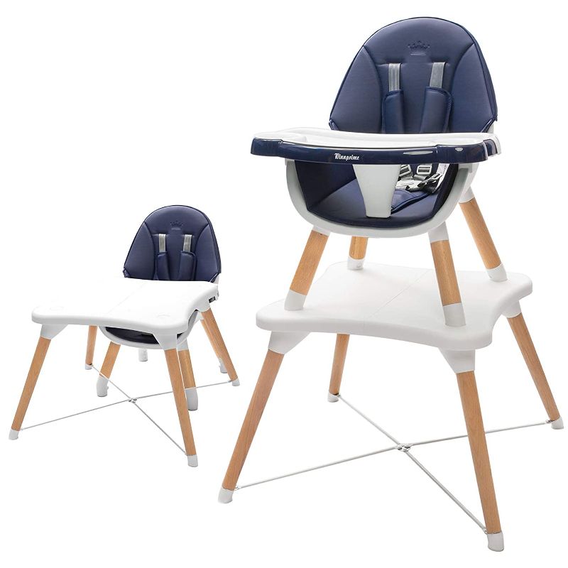 Photo 1 of WINNPRIME 5 in 1 Baby High Chair, Suitable for Infants/Toddlers/Children, Baby Wooden Dining Chair with 5-Point Safety Belt, Removable 4-Position Tray and PU Cushion (Navy Blue)
