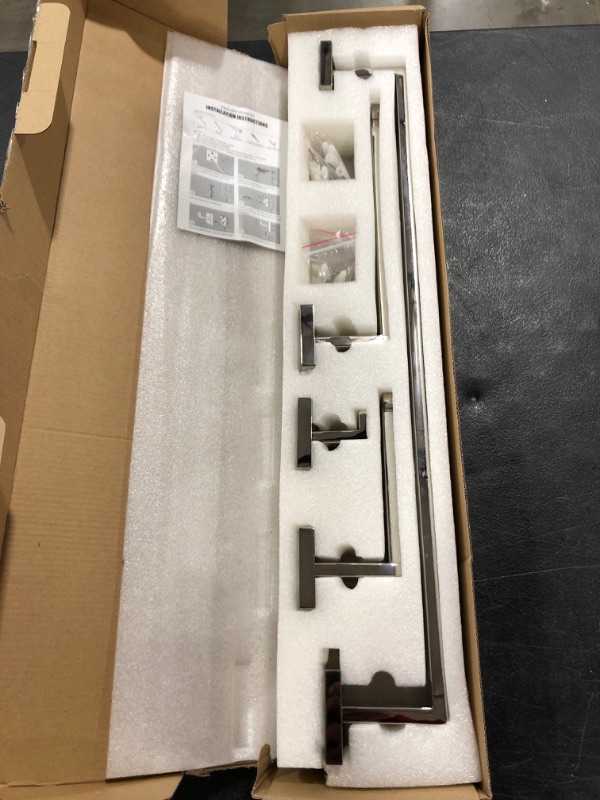 Photo 1 of 4 PIECE BATHROOM TOWEL BAR AND HOOK SET. CHROME. OPEN BOX. NEW.