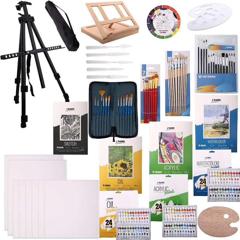 Photo 1 of 139pc Deluxe Artist Painting Set for Adults - Includes Adjustable Aluminum and Wood Easels, Brush Sets, Watercolor, Acrylic and Oil Sheets and Paints, Sketch pad, Tools, Palettes, Various Canvas
